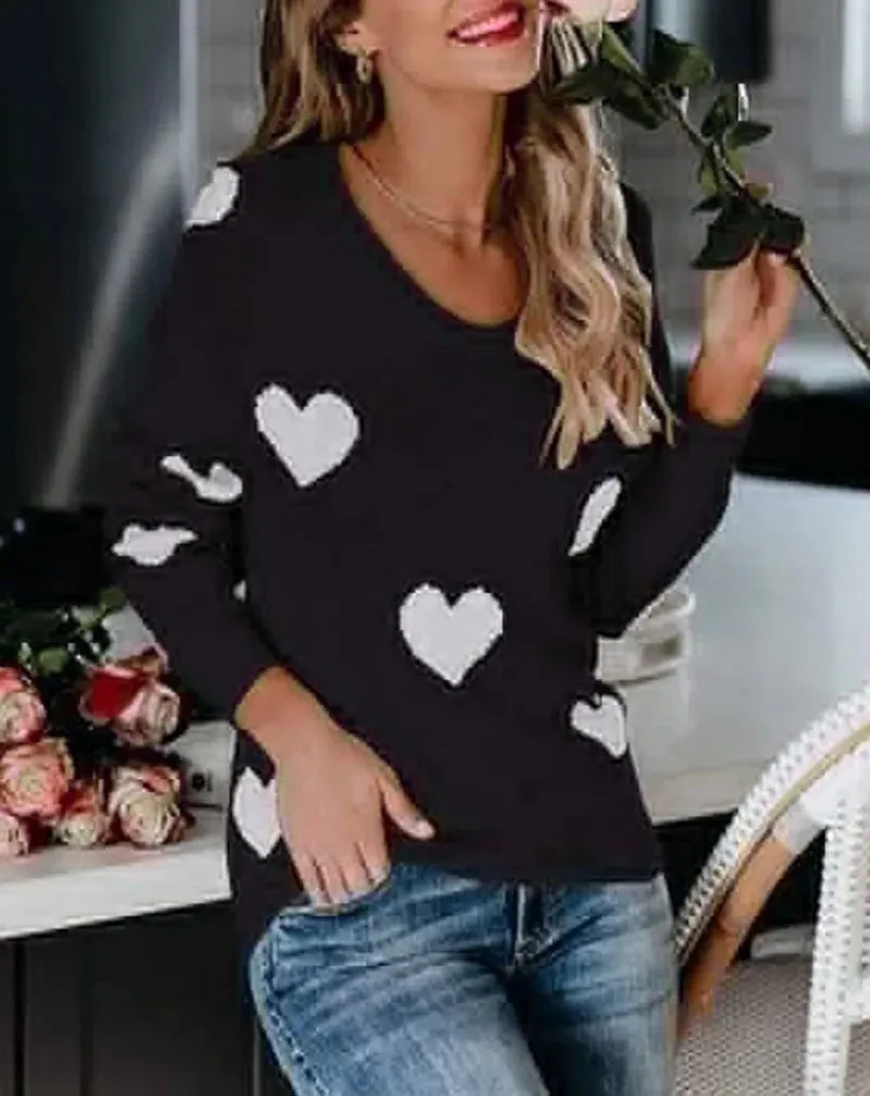 2024 New Autumn And Winter Loose Love V-neck Long-sleeved Pullover Women Jumper Sweater
