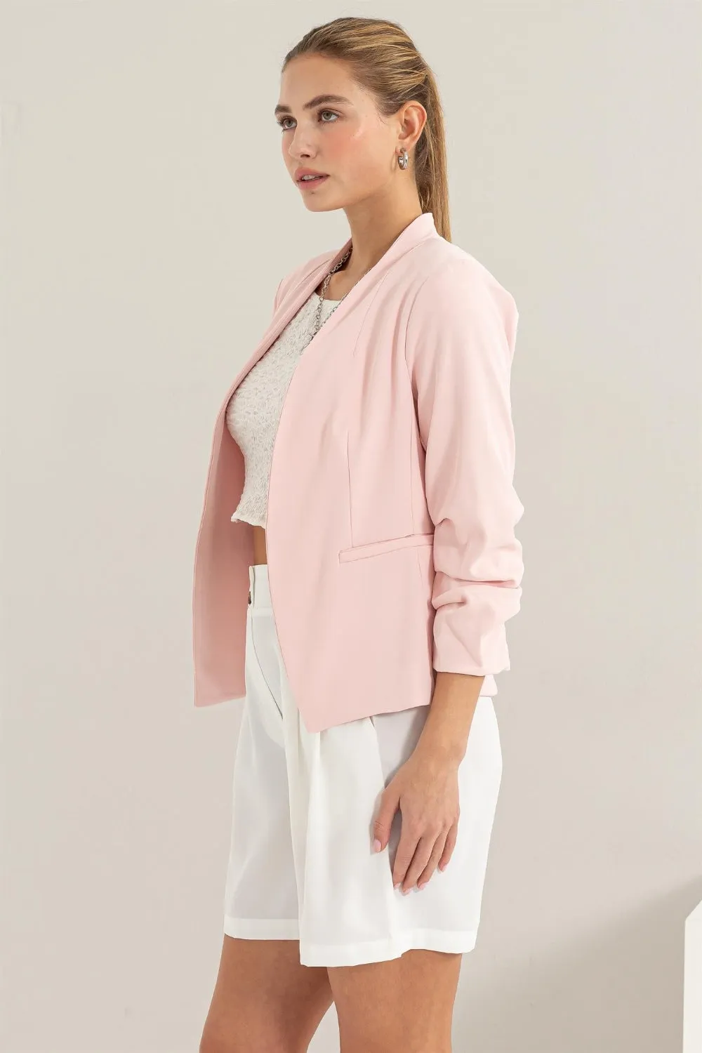 Blush Ruched Sleeve Blazer