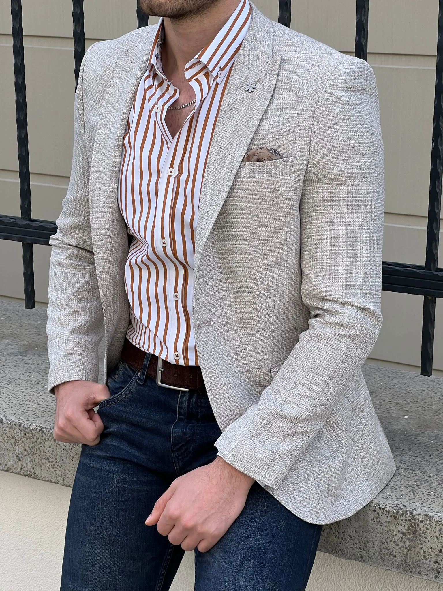 Bojoni Montebello Slim Fit High Quality Light Beige Knitted Blazer