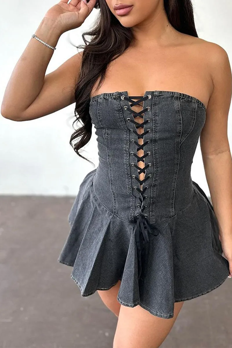 BS3495 Lace Down Denim Dress