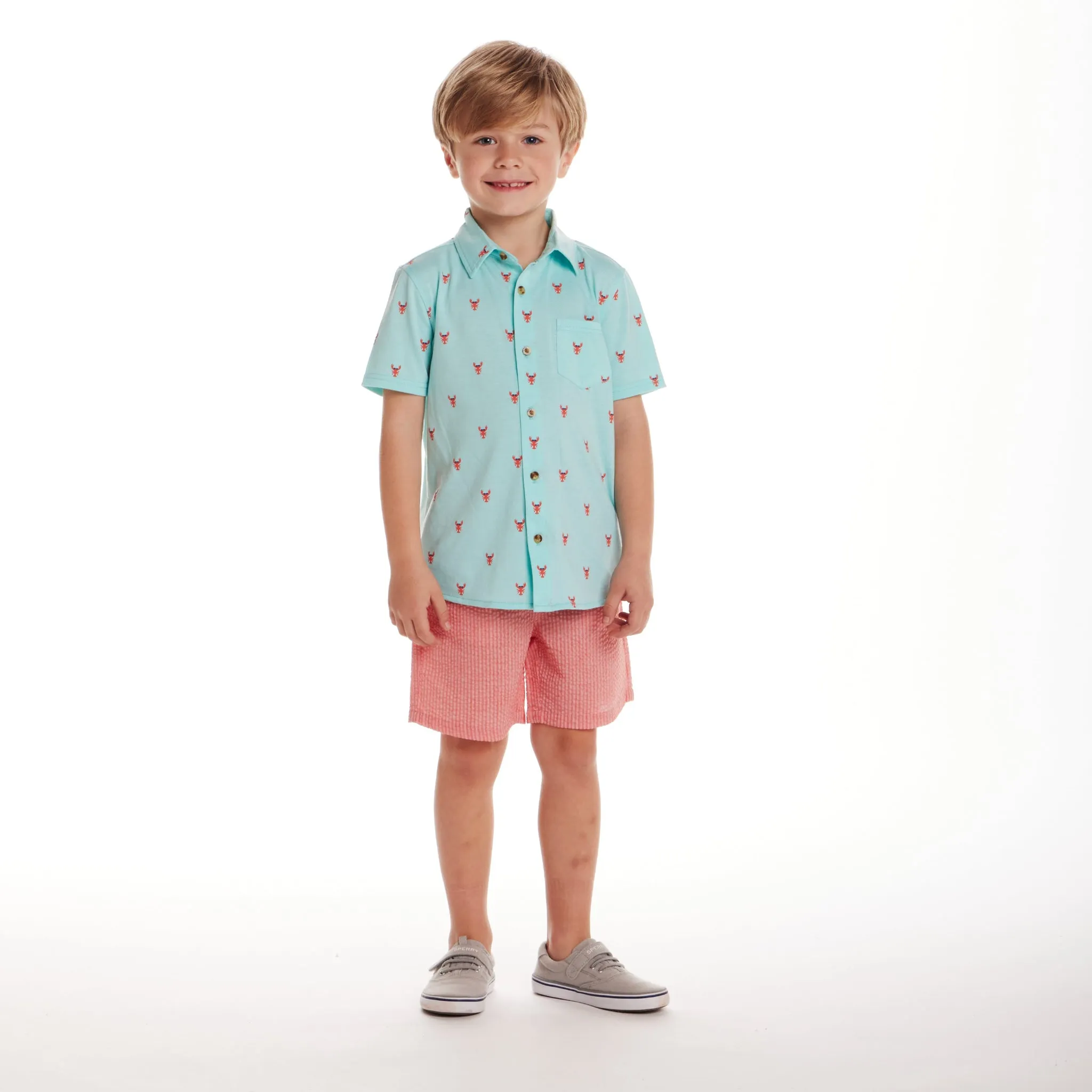 Kids (2-7) Knit Buttondown | Lobster Print