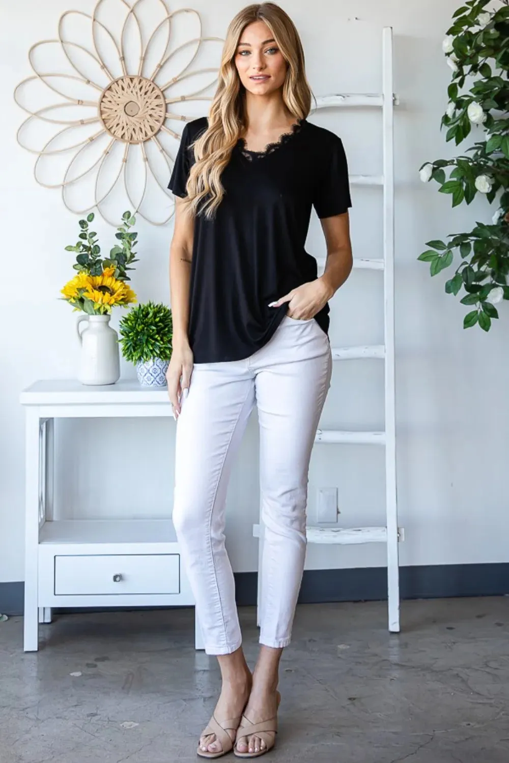 Lace Detail V-Neck Short Sleeve T-Shirt