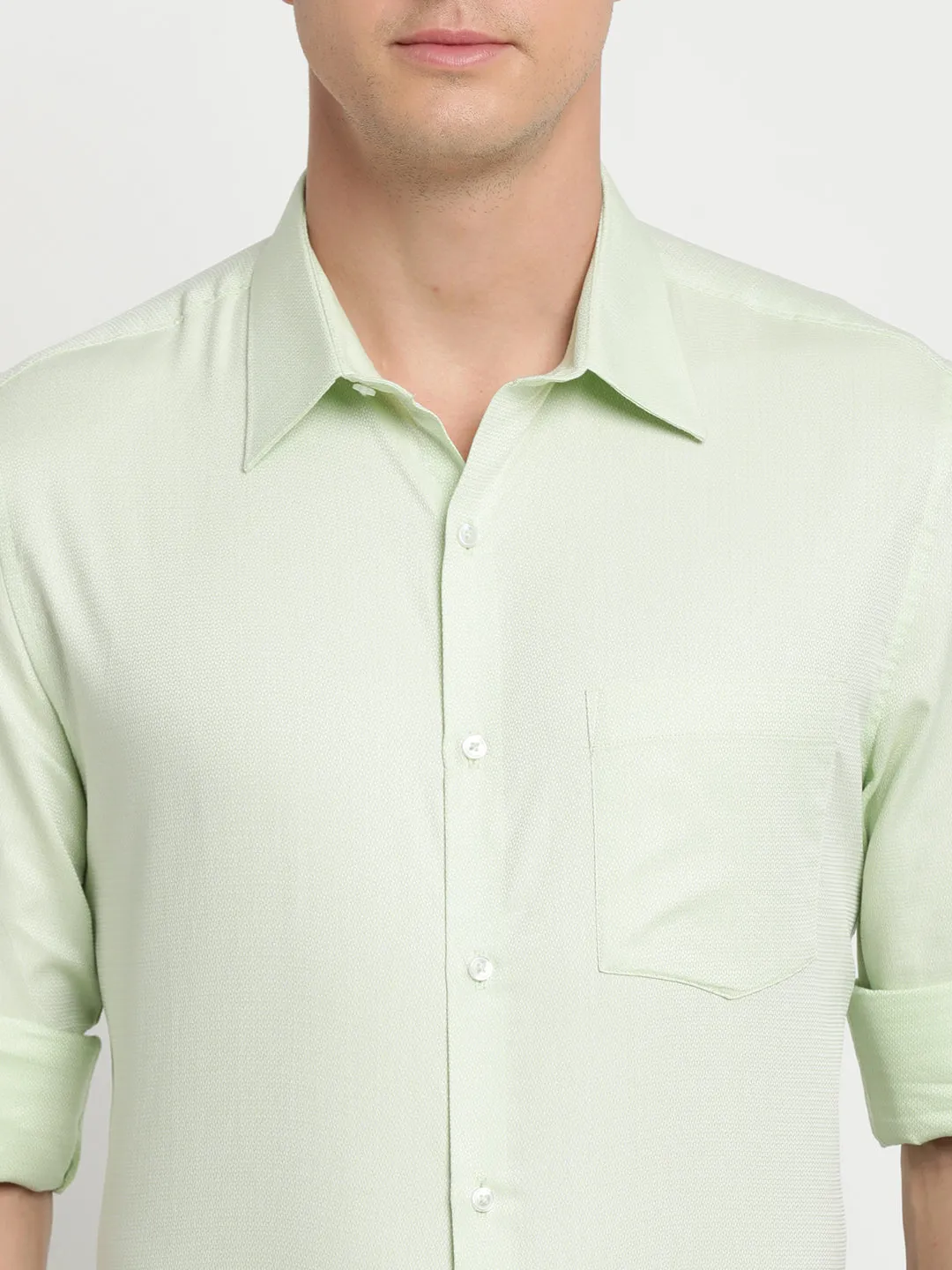 Light Green Cotton Self Design Slim Fit Shirts