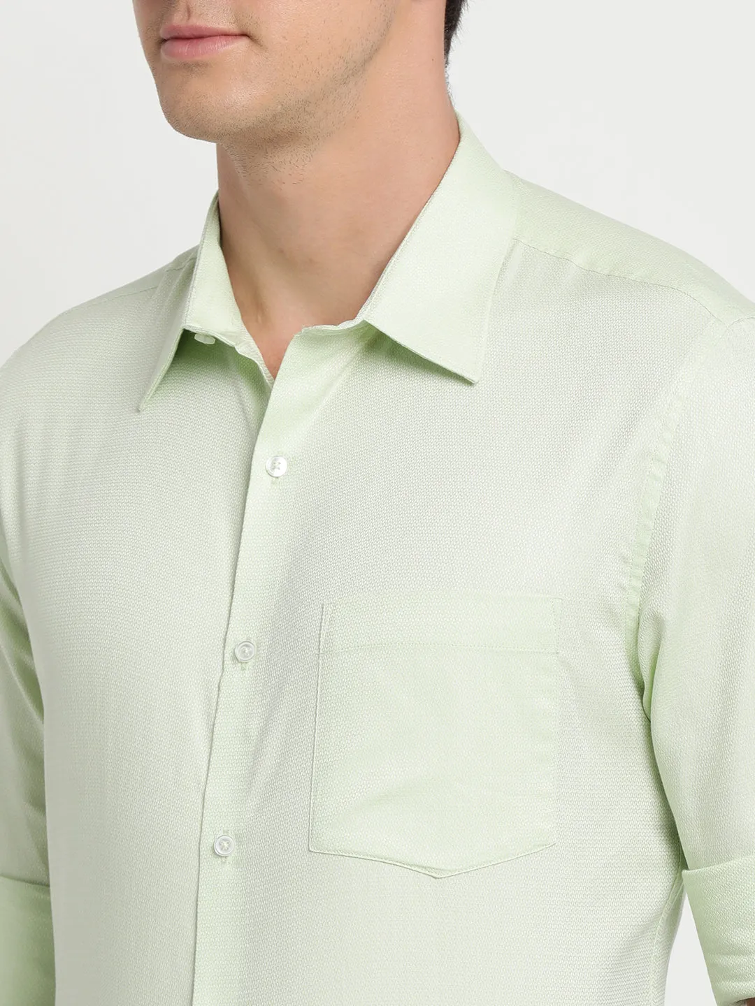 Light Green Cotton Self Design Slim Fit Shirts