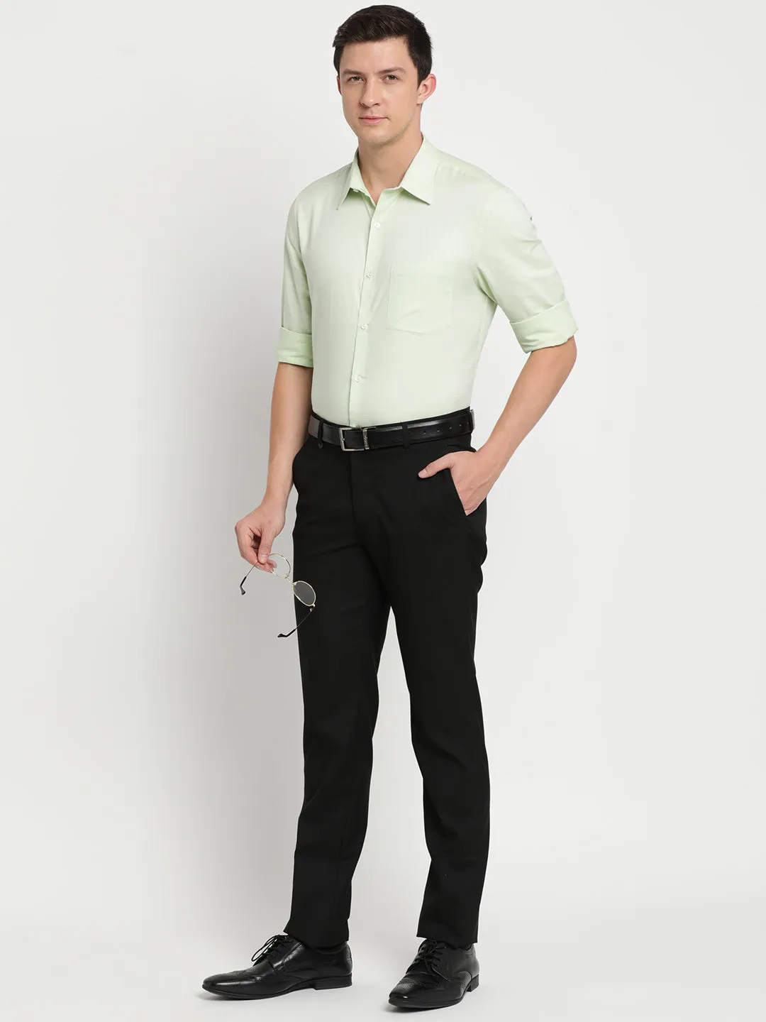 Light Green Cotton Self Design Slim Fit Shirts