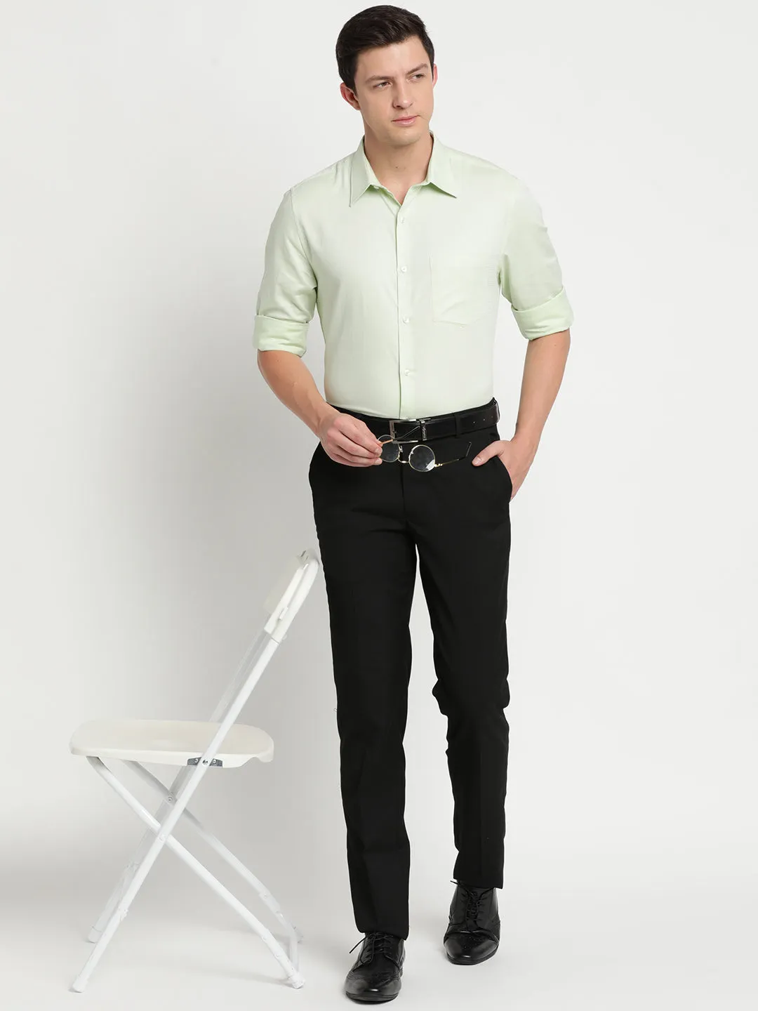 Light Green Cotton Self Design Slim Fit Shirts
