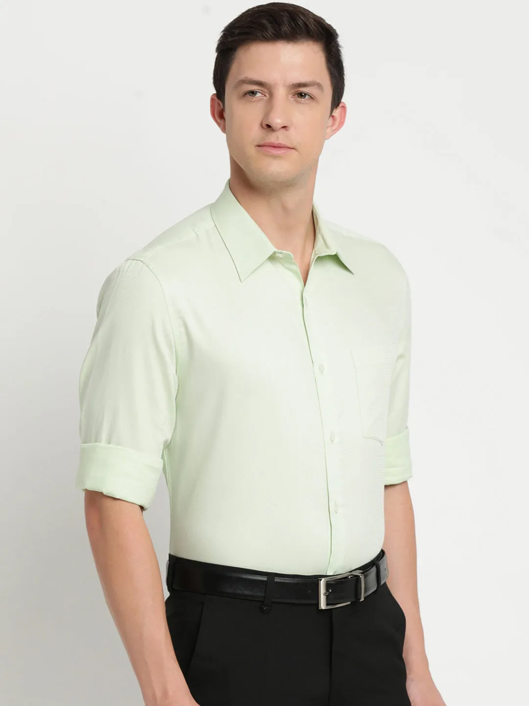 Light Green Cotton Self Design Slim Fit Shirts