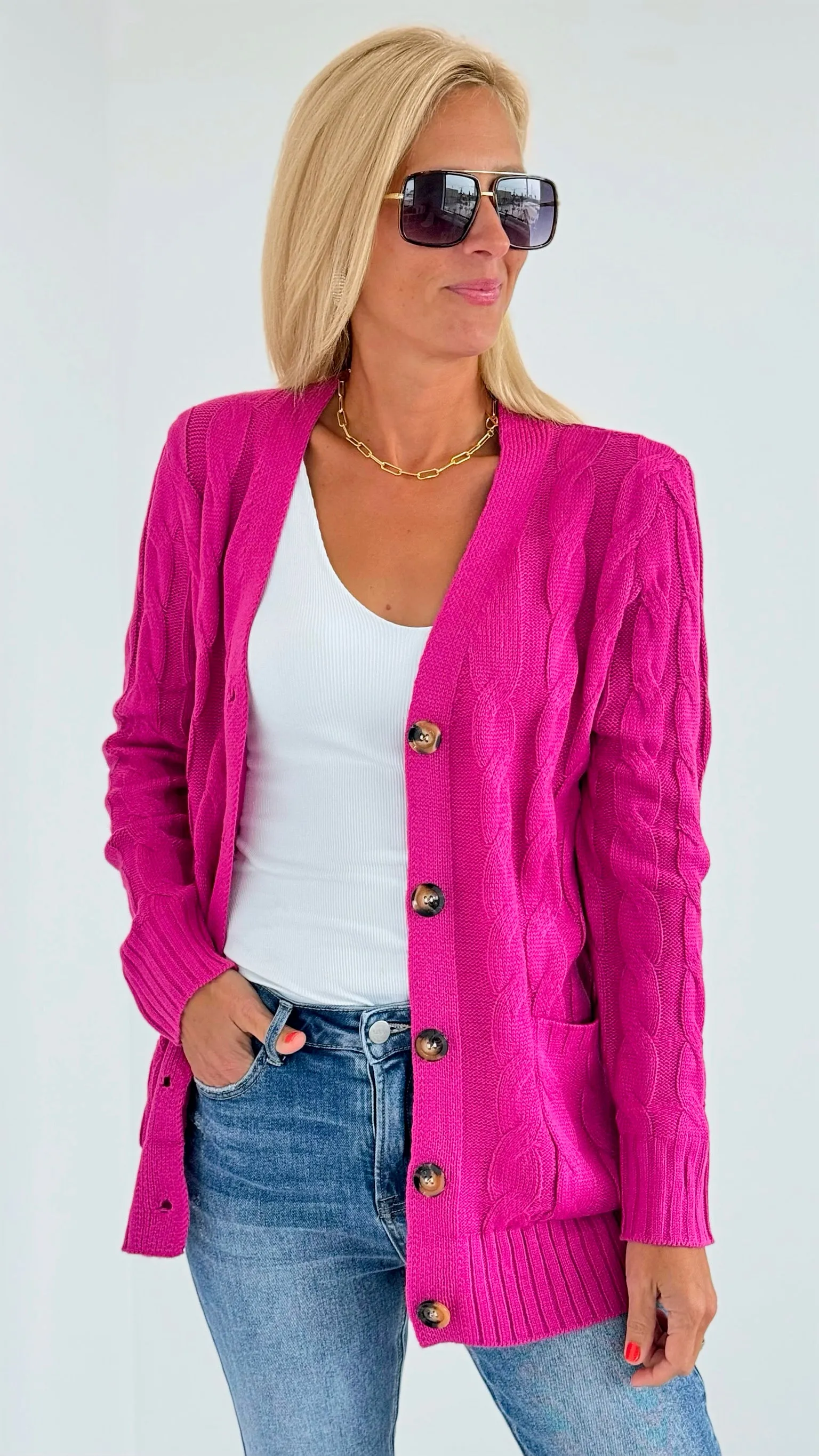 Open Front Cable Knit Cardigan - Magenta