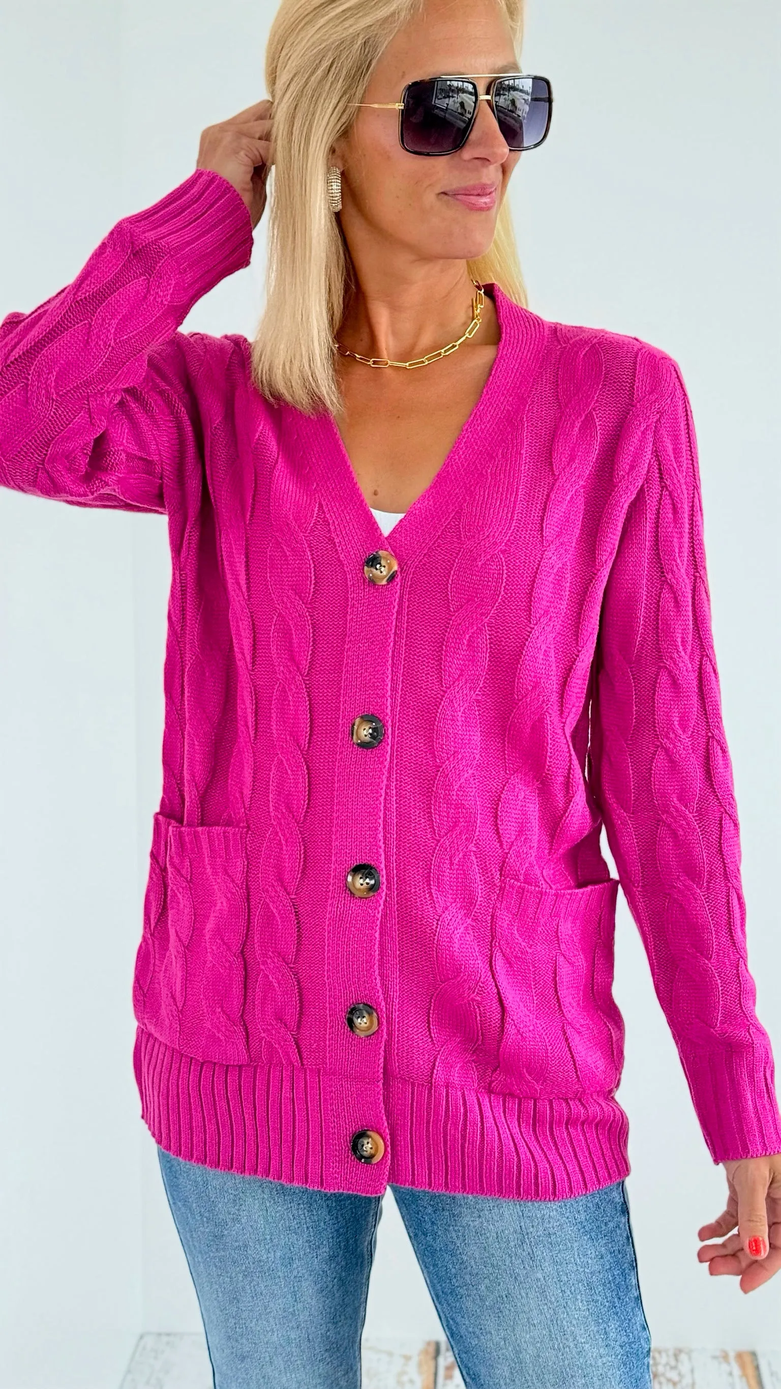 Open Front Cable Knit Cardigan - Magenta