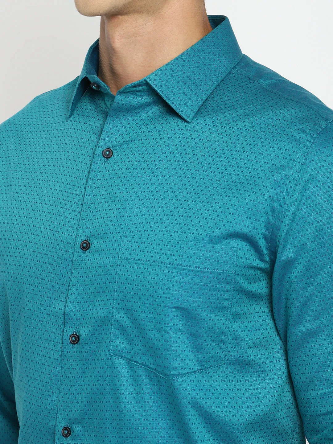 Sea Green Cotton Self Design Slim Fit Shirts