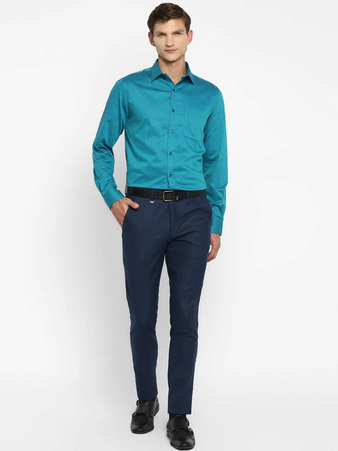 Sea Green Cotton Self Design Slim Fit Shirts
