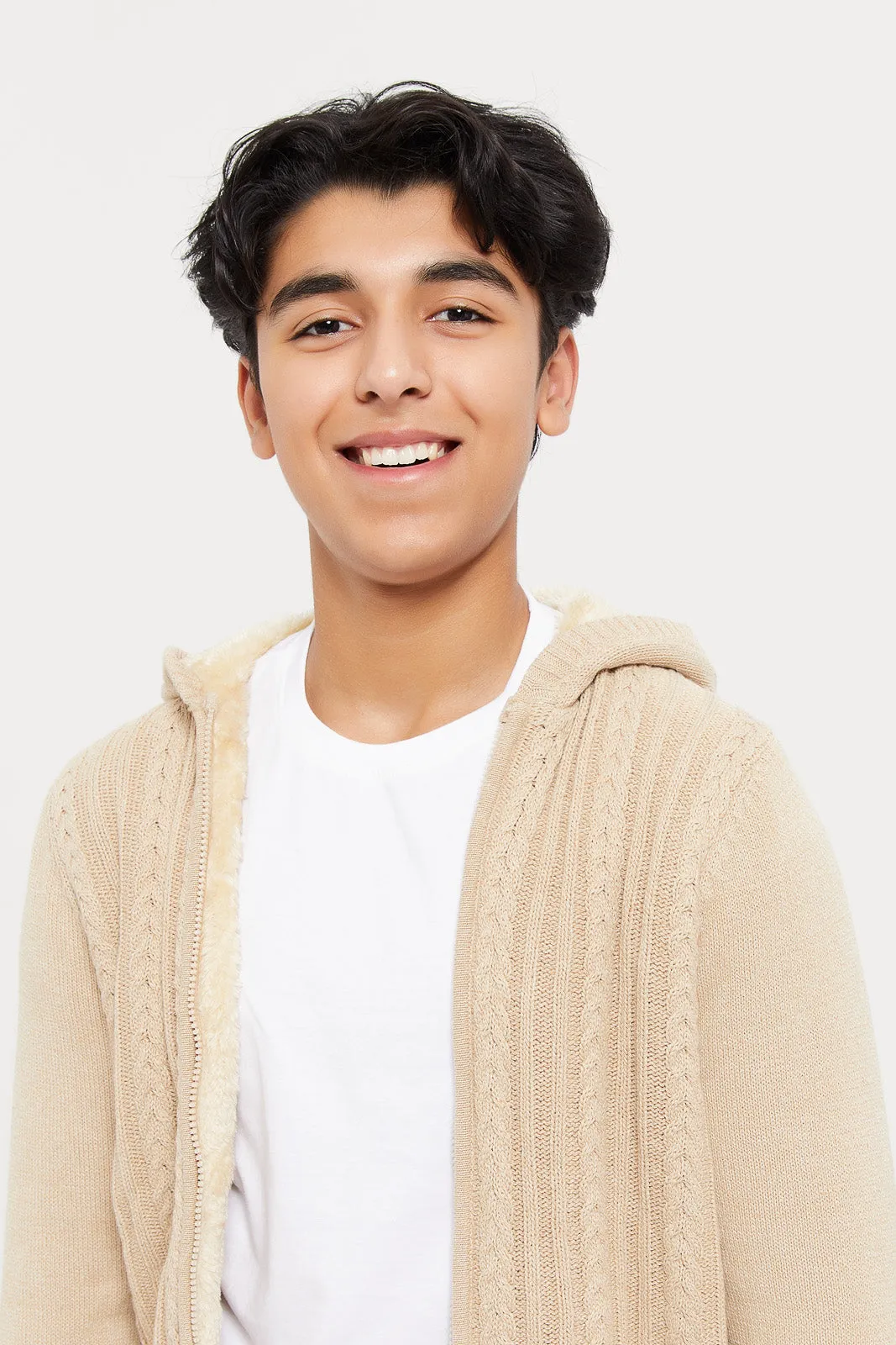 Senior Boys Beige Cable Knit Cardigan