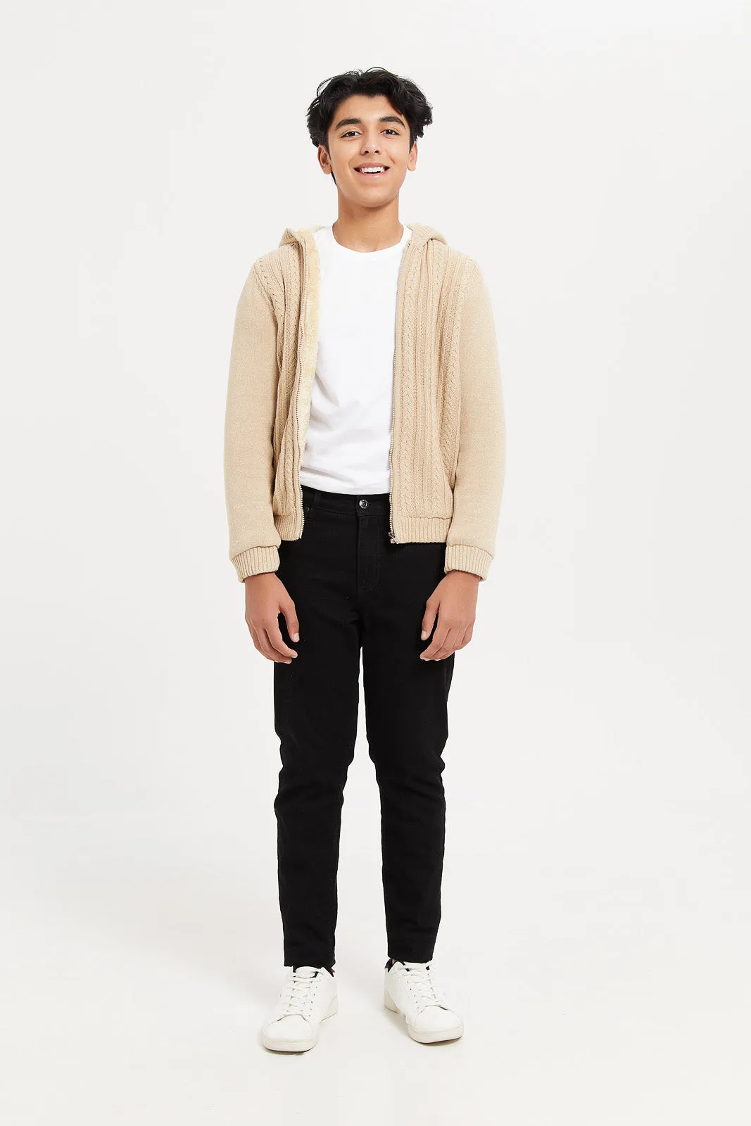 Senior Boys Beige Cable Knit Cardigan