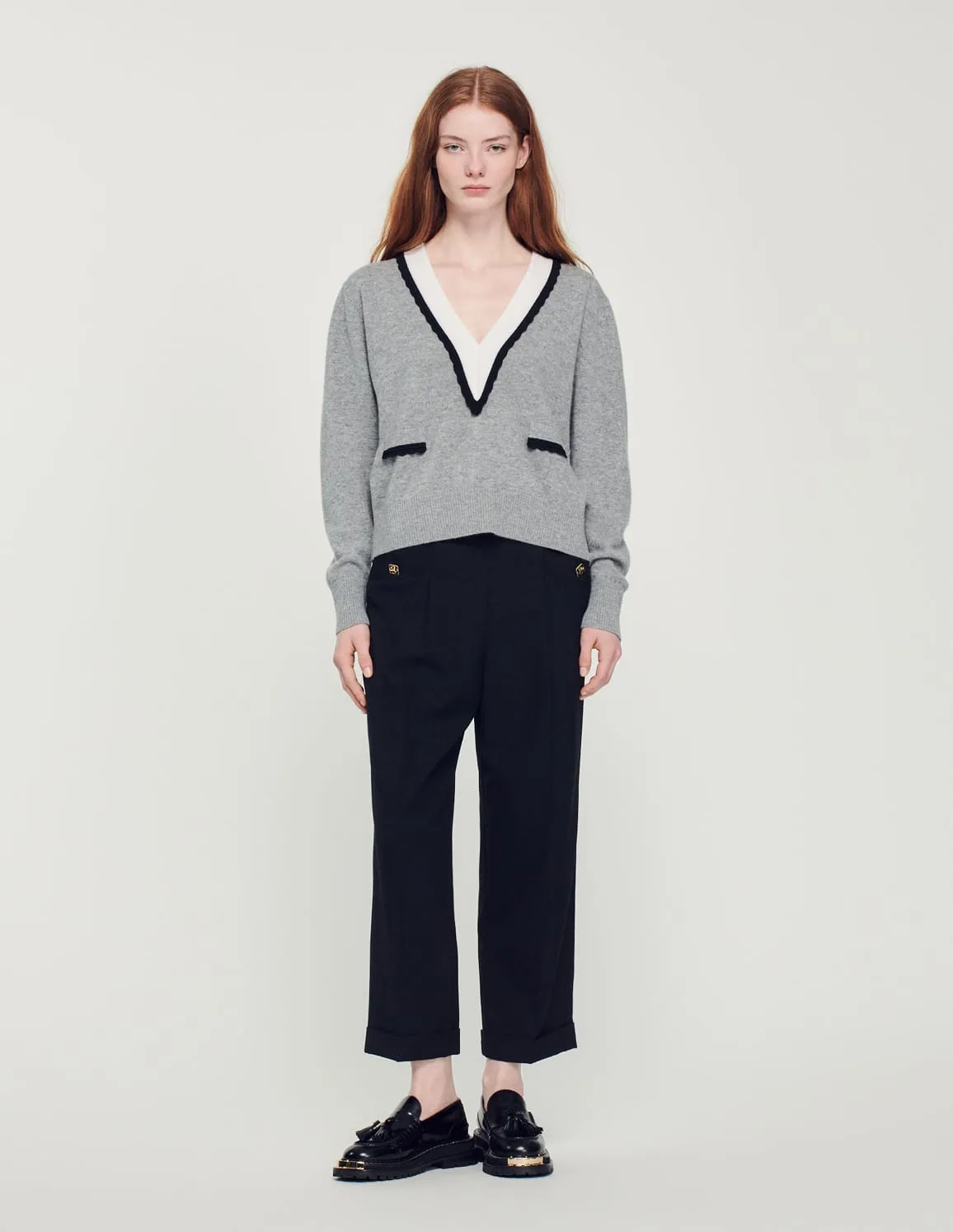 Sweater With Contrasting Deep V-Neck