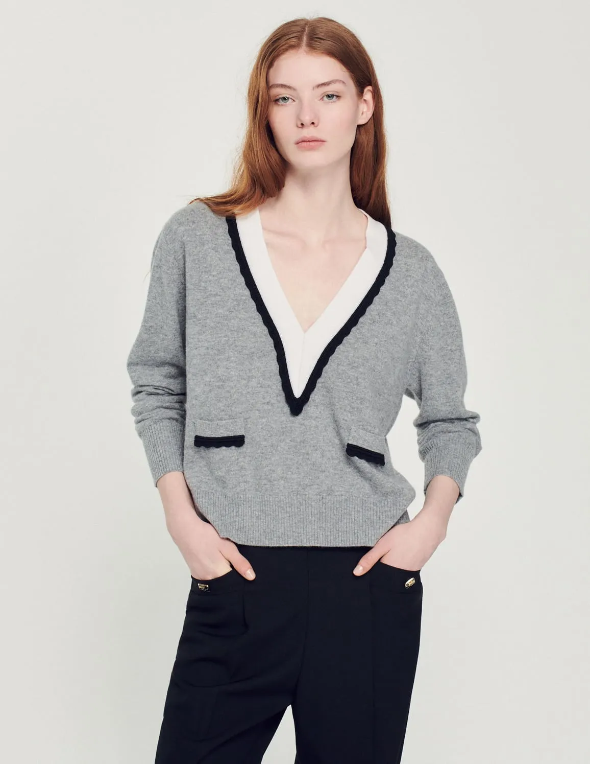 Sweater With Contrasting Deep V-Neck