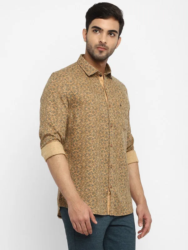 Turtle Men Cotton Blend Khaki Slim Fit Printed Shirts
