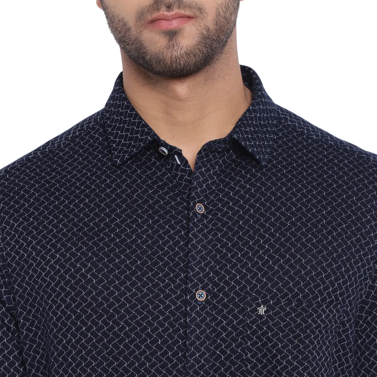 Turtle Men Navy Blue Knitted Checked Ultra Slim Fit Shirts