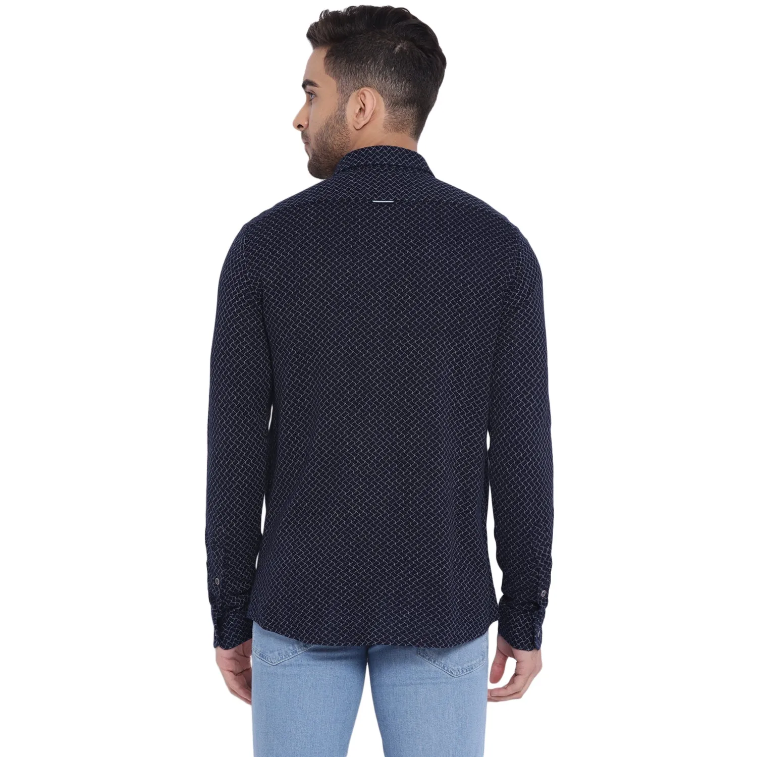 Turtle Men Navy Blue Knitted Checked Ultra Slim Fit Shirts
