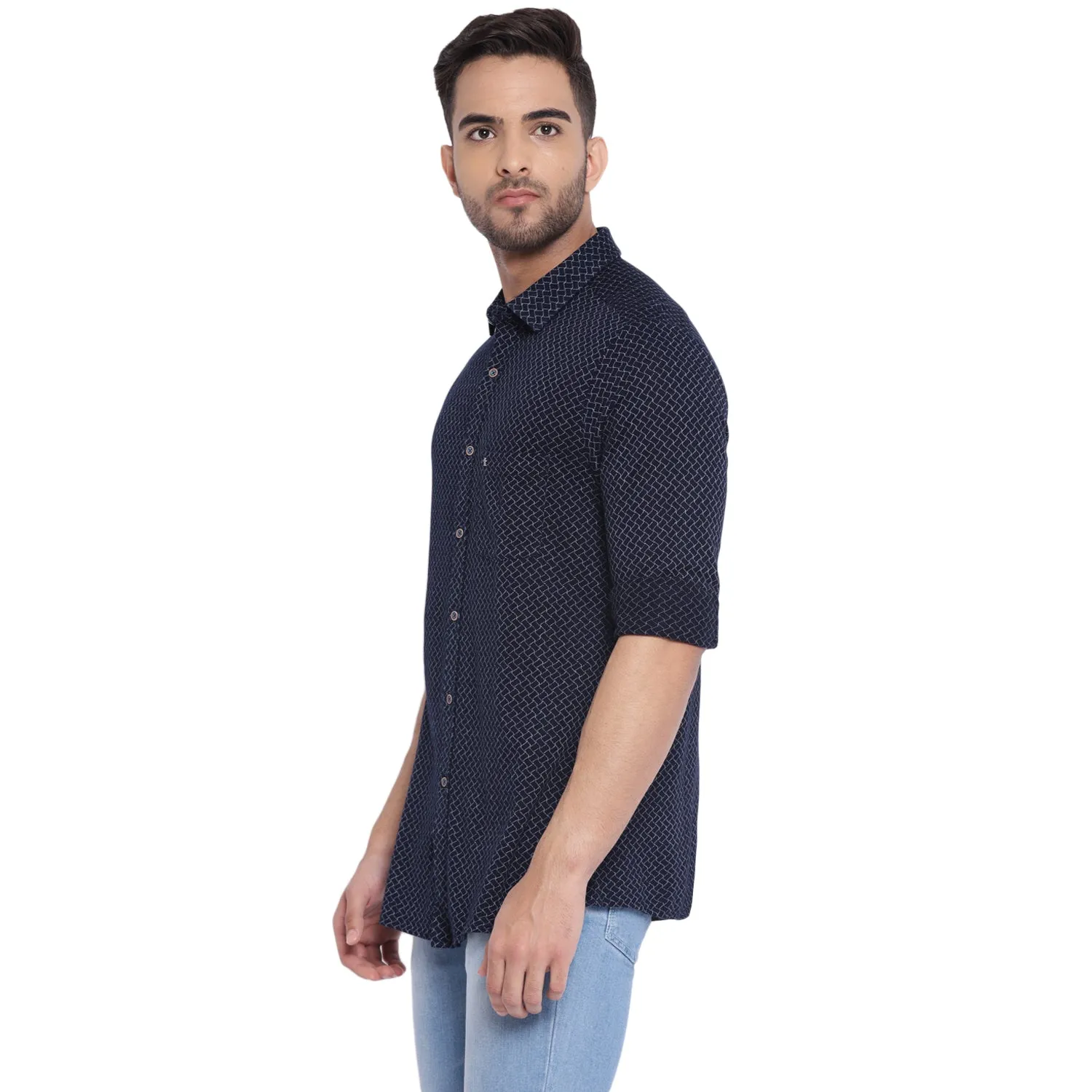 Turtle Men Navy Blue Knitted Checked Ultra Slim Fit Shirts
