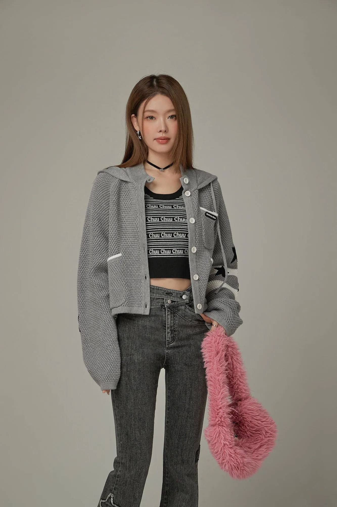 Waffle Star Hooded Button Cardigan