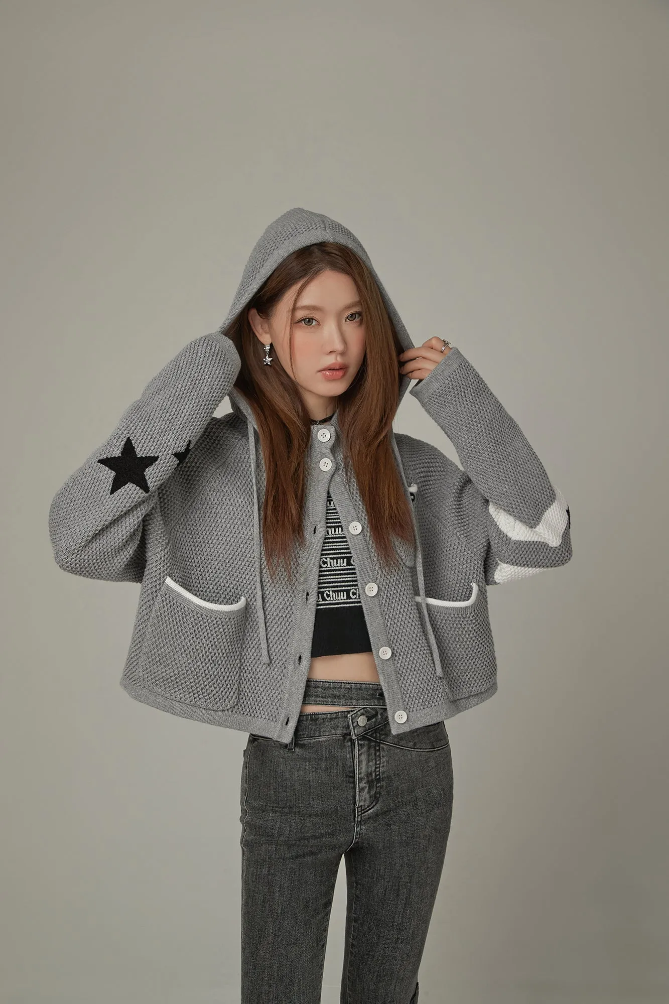 Waffle Star Hooded Button Cardigan
