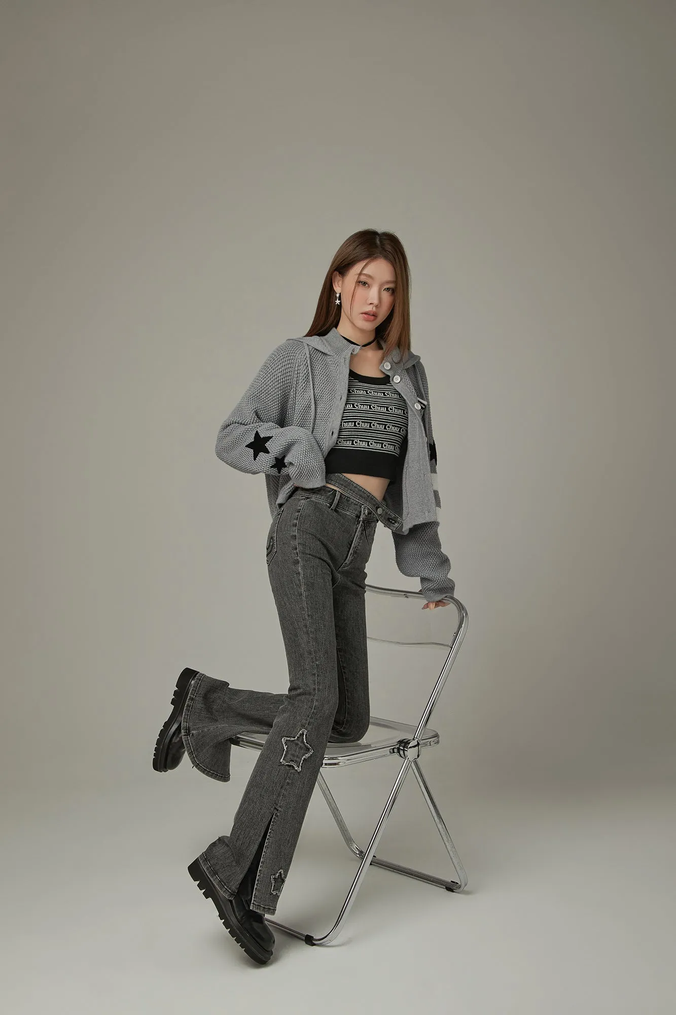 Waffle Star Hooded Button Cardigan