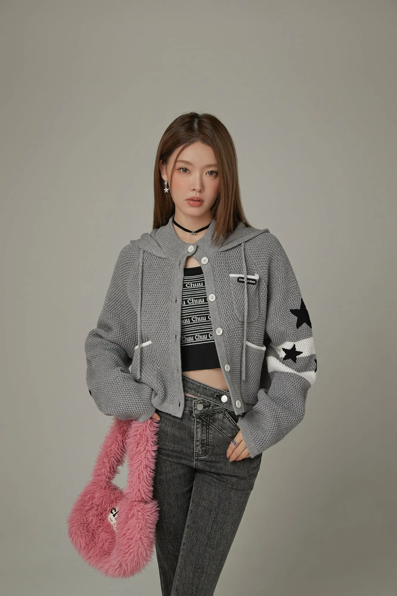 Waffle Star Hooded Button Cardigan