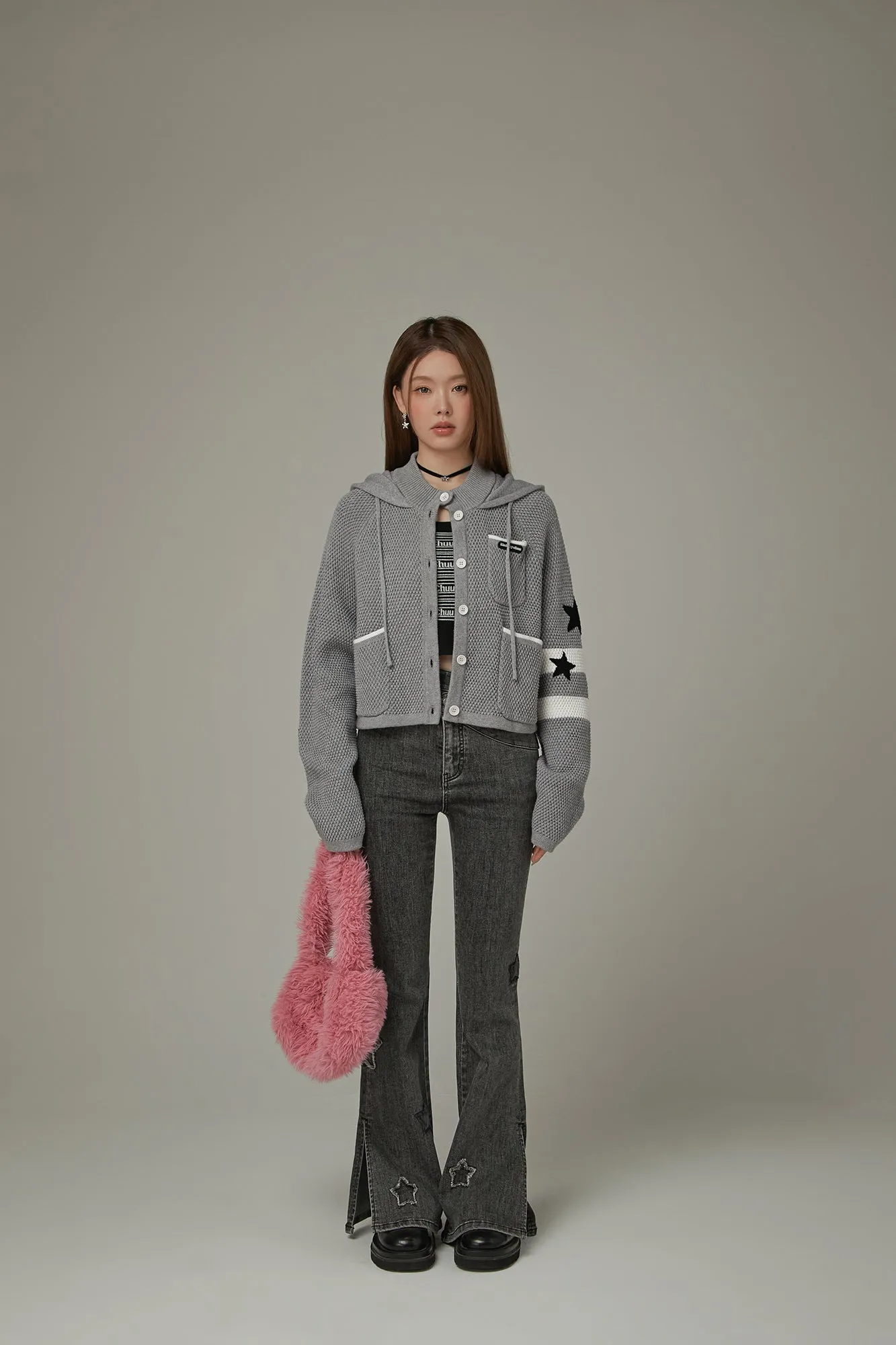 Waffle Star Hooded Button Cardigan