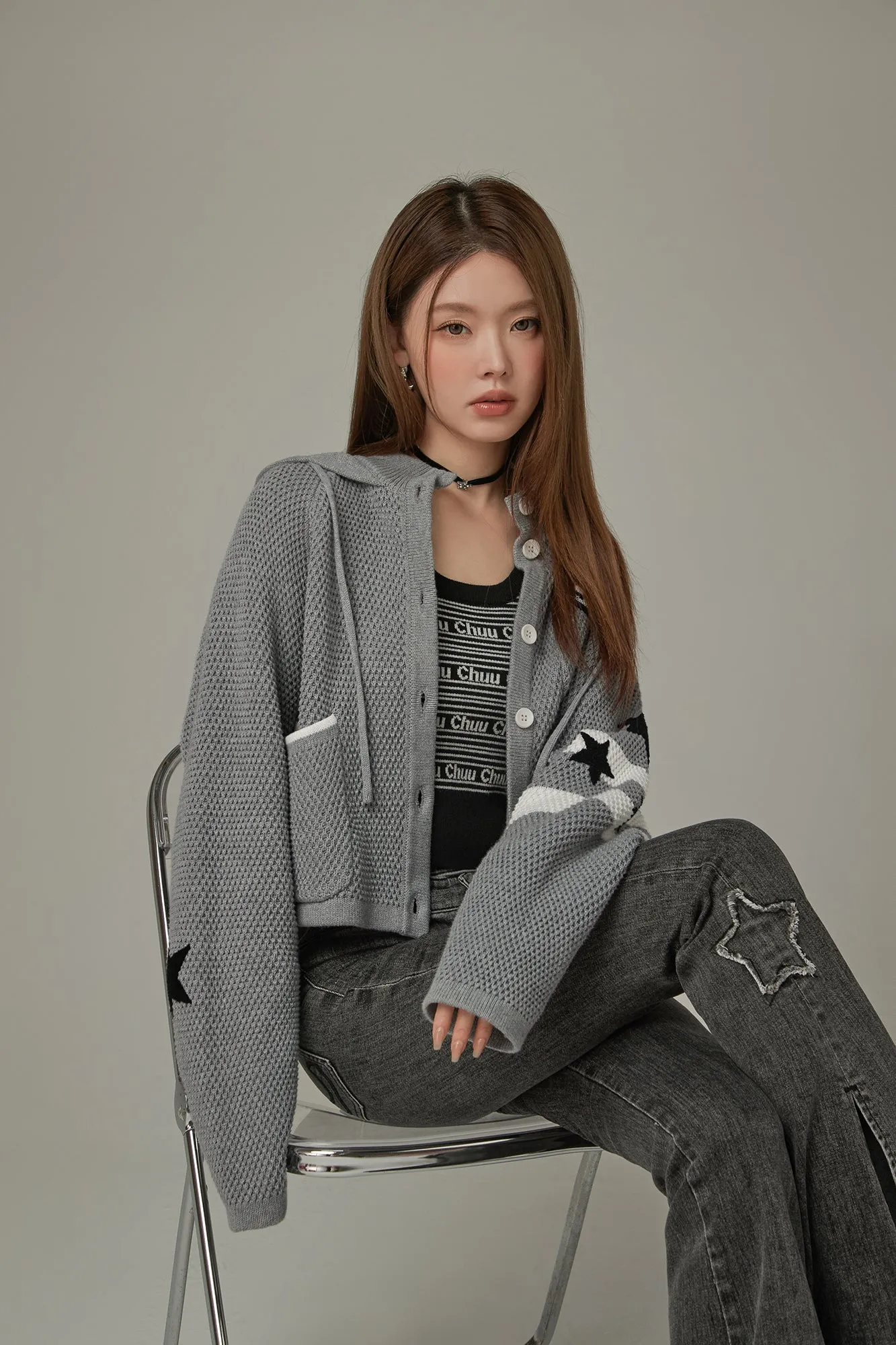 Waffle Star Hooded Button Cardigan