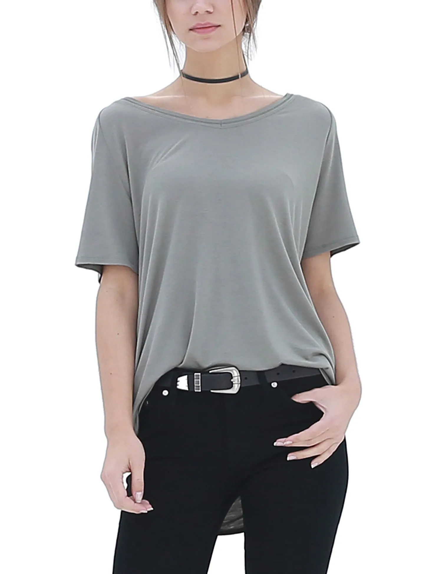 Women's Lightweight V-Neck Loose Fit Plain Casual Tunic Top Tee