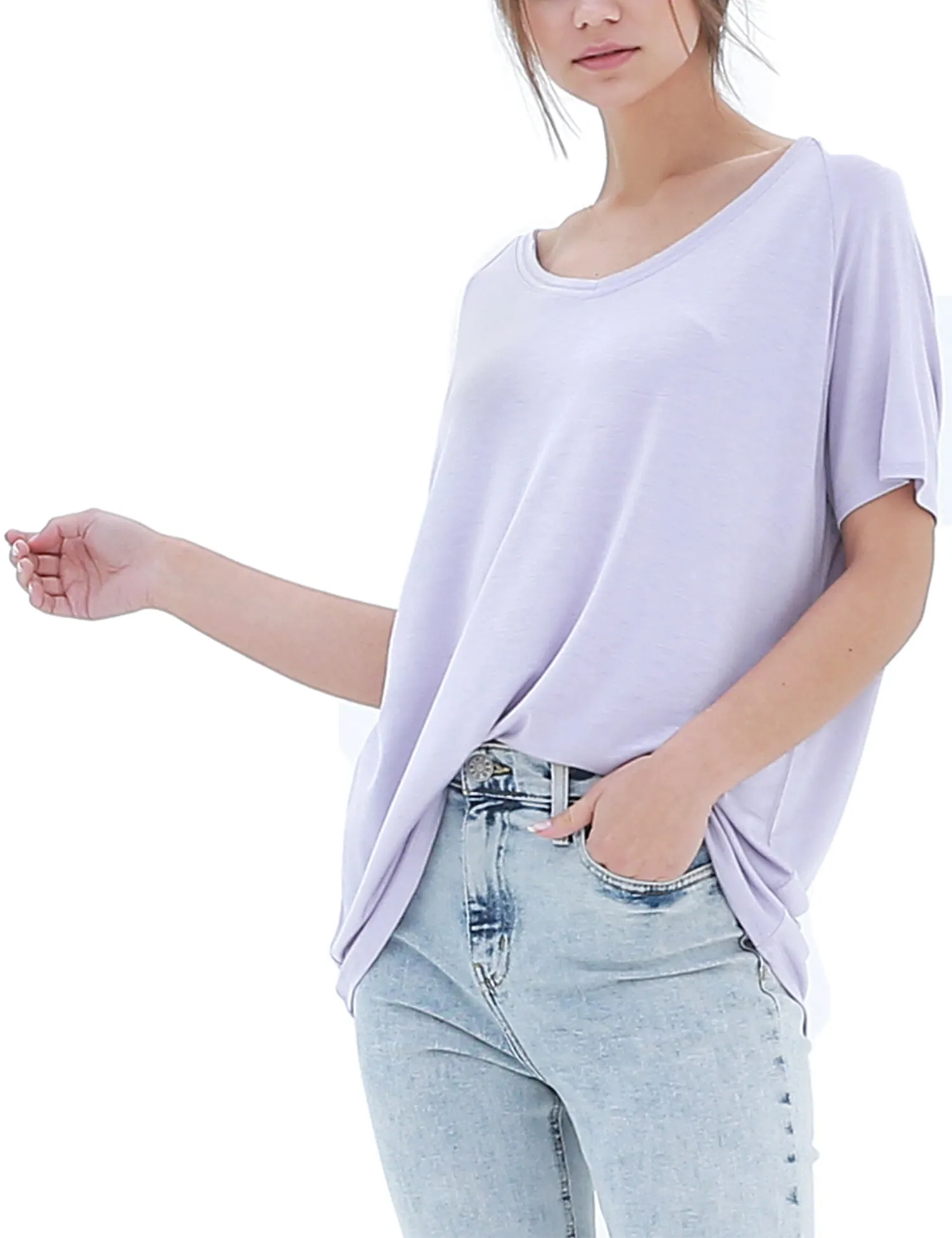 Women's Lightweight V-Neck Loose Fit Plain Casual Tunic Top Tee