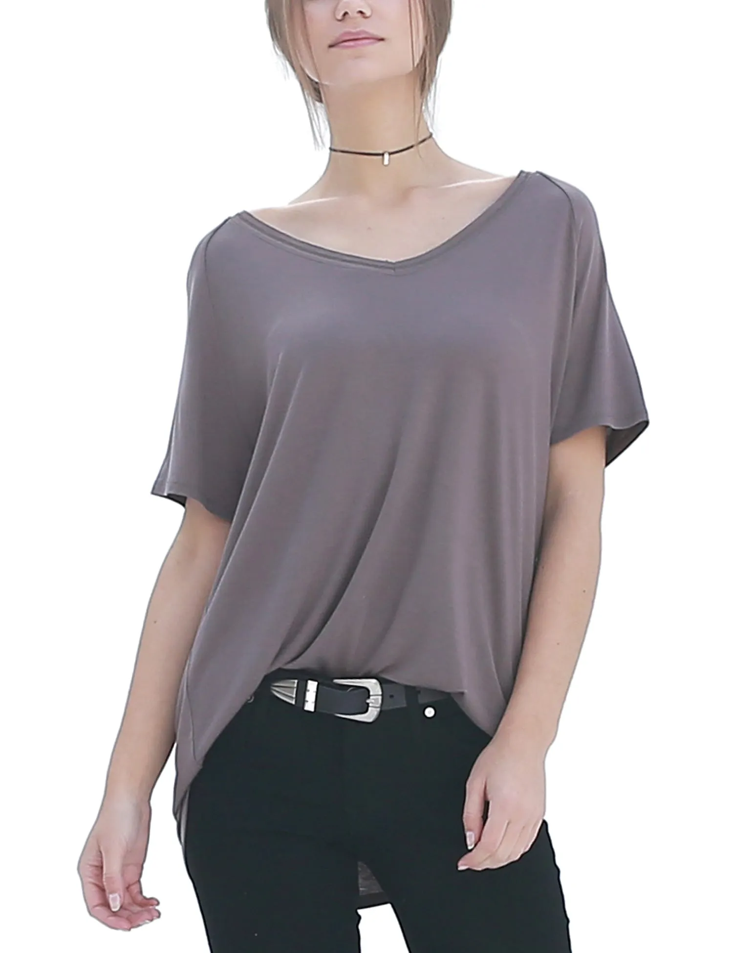 Women's Lightweight V-Neck Loose Fit Plain Casual Tunic Top Tee