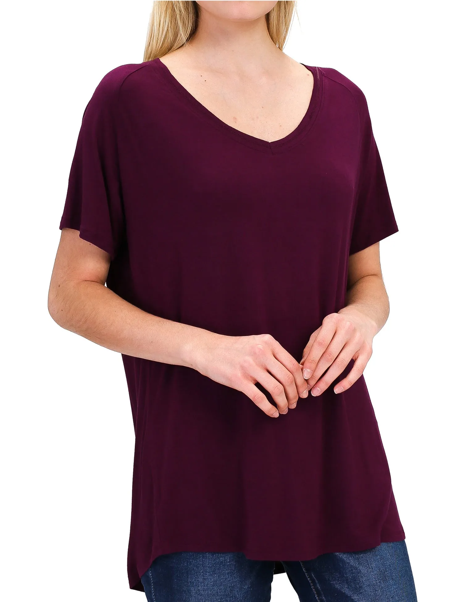 Women's Lightweight V-Neck Loose Fit Plain Casual Tunic Top Tee