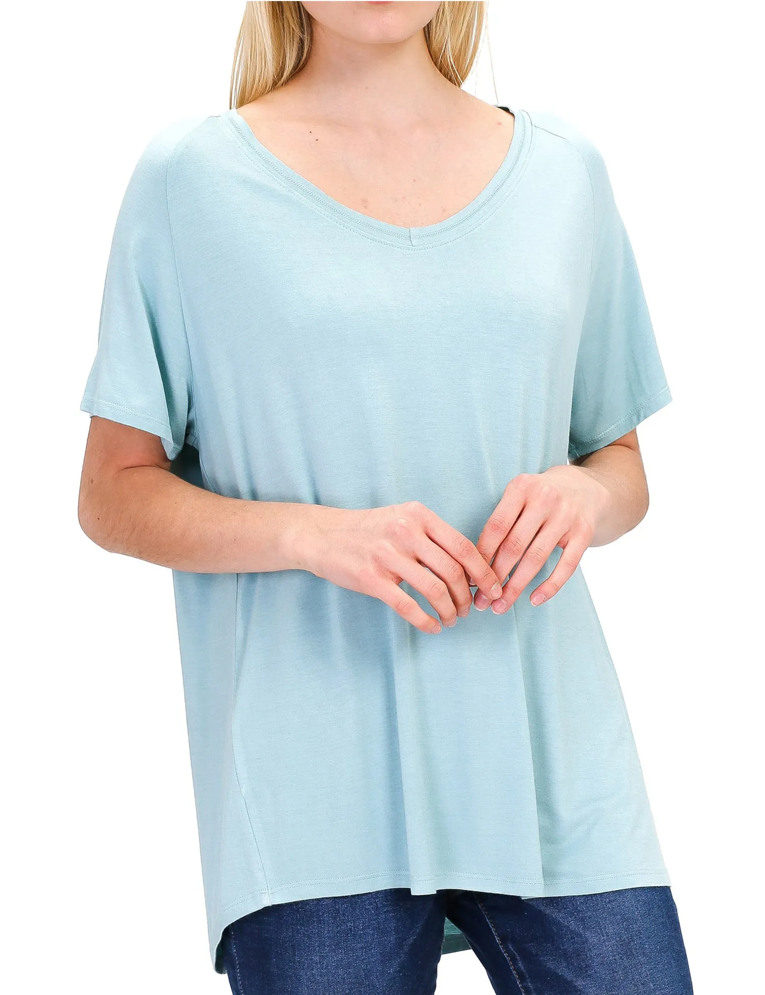Women's Lightweight V-Neck Loose Fit Plain Casual Tunic Top Tee
