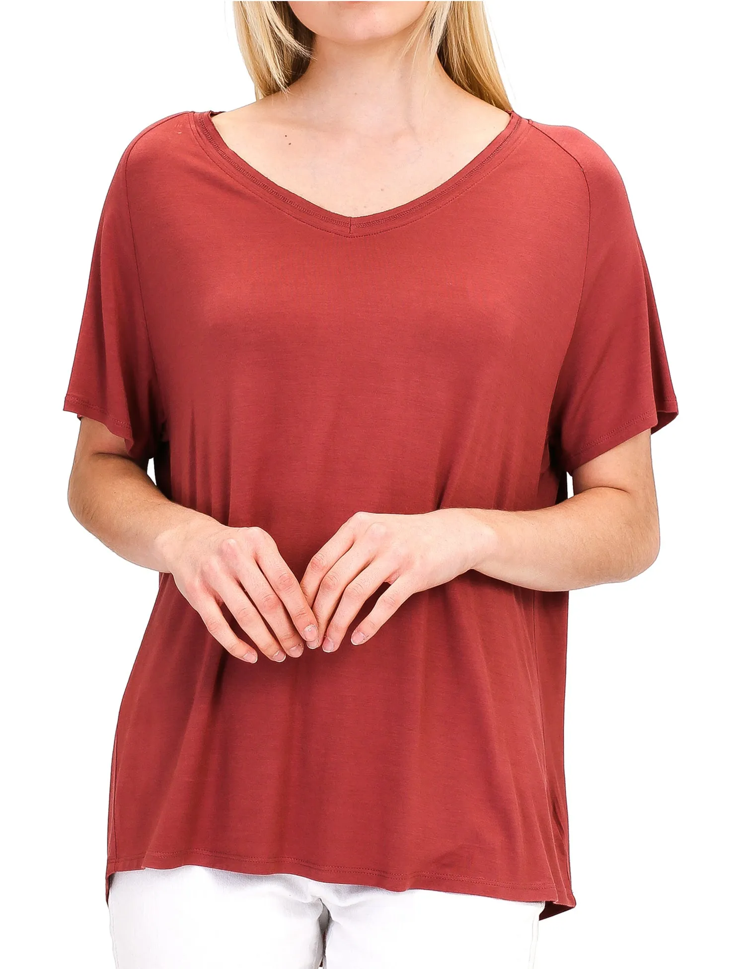 Women's Lightweight V-Neck Loose Fit Plain Casual Tunic Top Tee