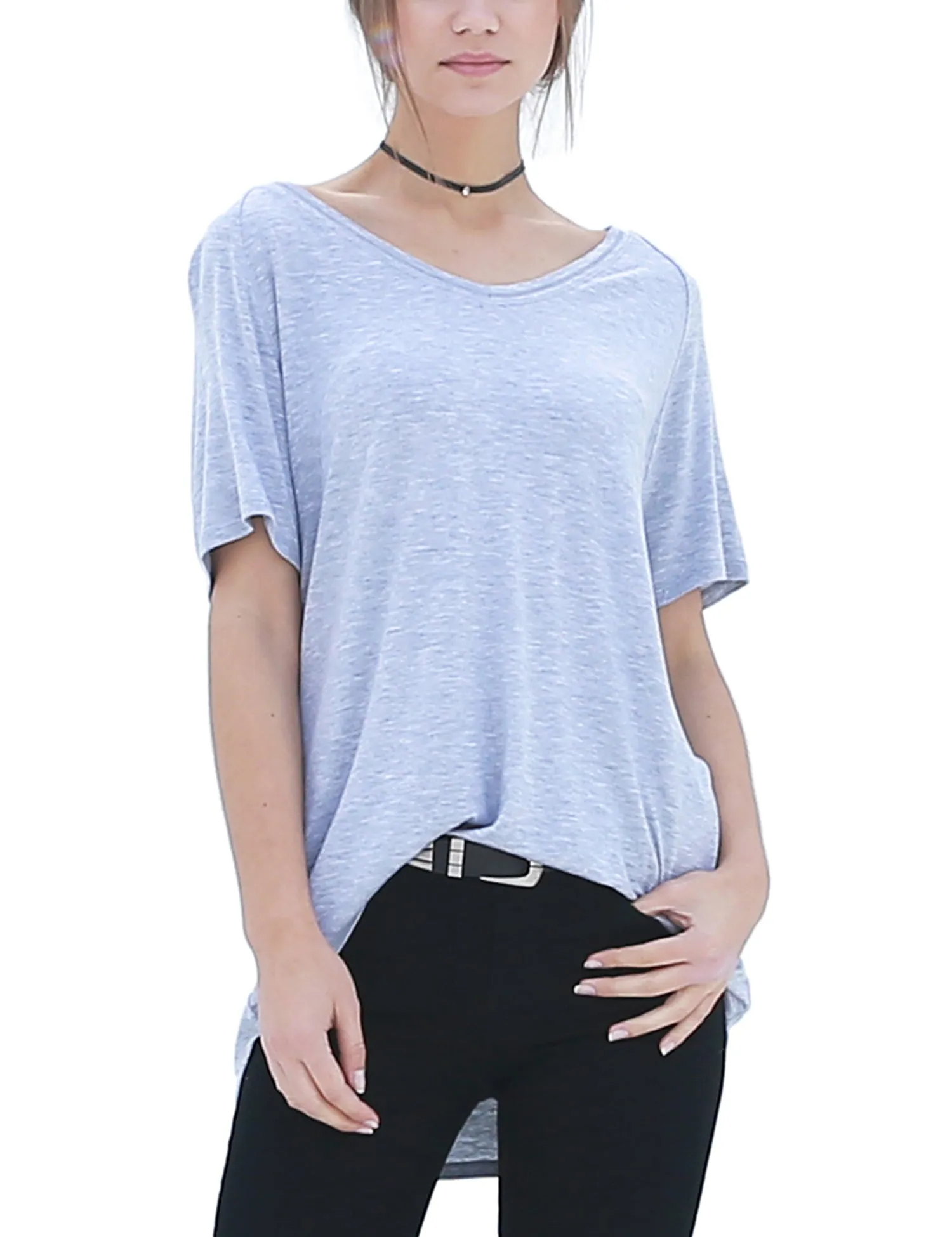 Women's Lightweight V-Neck Loose Fit Plain Casual Tunic Top Tee