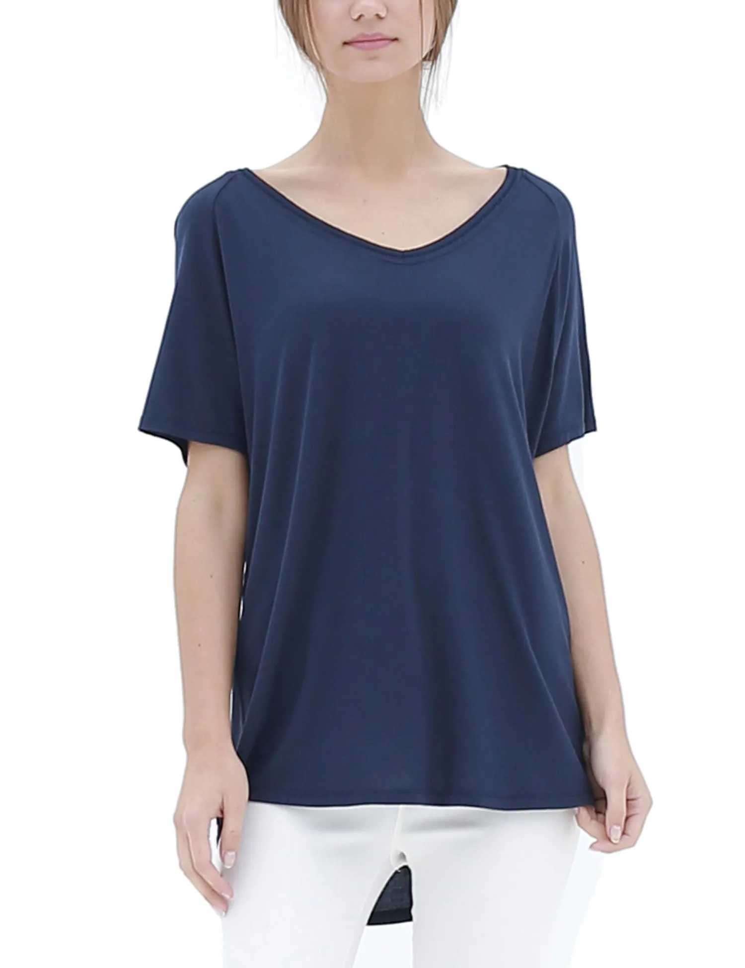 Women's Lightweight V-Neck Loose Fit Plain Casual Tunic Top Tee