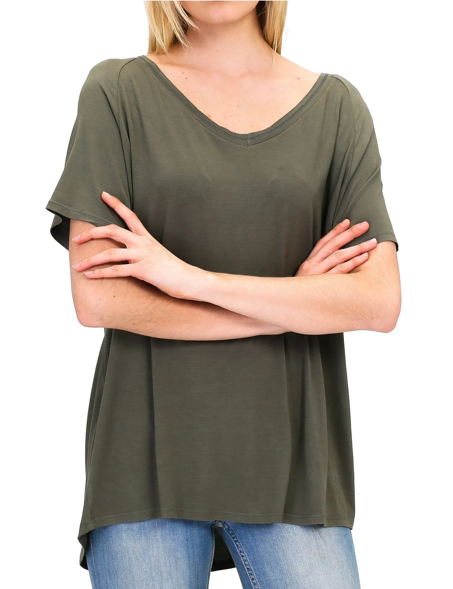 Women's Lightweight V-Neck Loose Fit Plain Casual Tunic Top Tee
