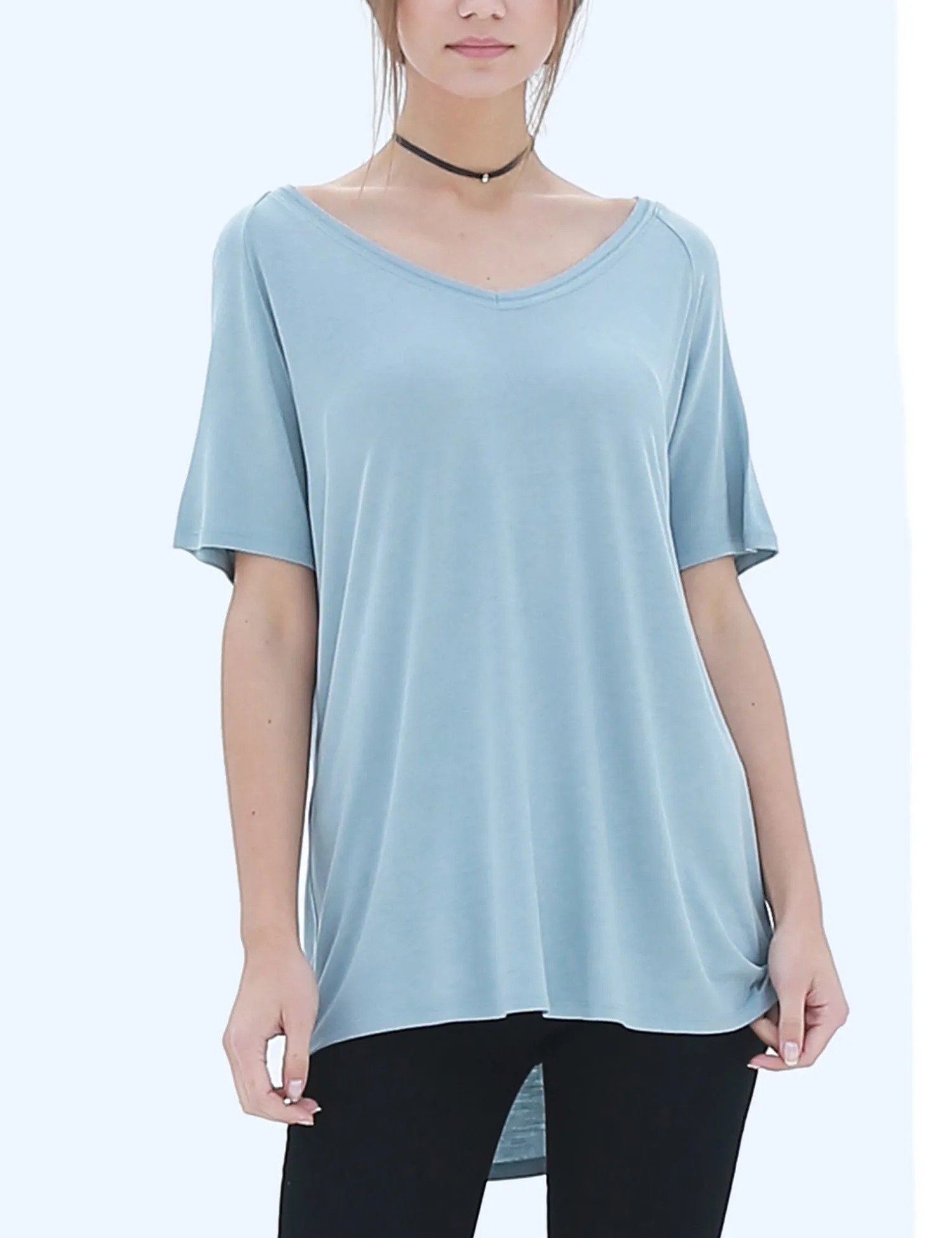 Women's Lightweight V-Neck Loose Fit Plain Casual Tunic Top Tee